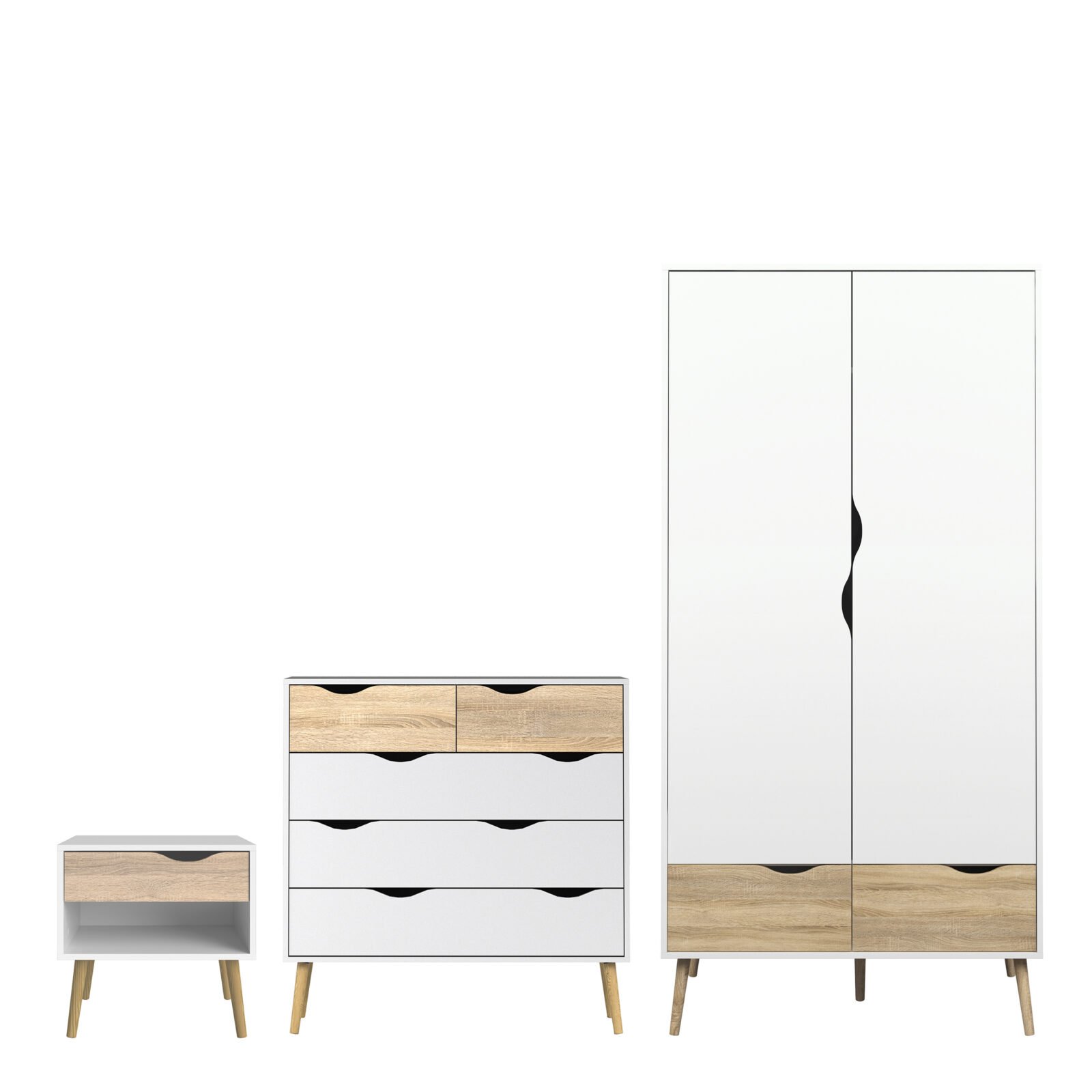 Oslo Package - Bedside 1 Drawer + Chest of 5 Drawers (2+3) + Wardrobe 2 Doors 2 Drawers in White and Oak Oslo Package - Bedside 1 Drawer + Chest of 5 Drawers (2+3) + Wardrobe 2 Doors 2 Drawers in White and Oak