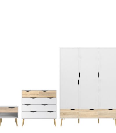 Oslo Package - Bedside 1 Drawer + Chest of 5 Drawers (2+3) + Wardrobe 3 Doors 3 Drawers in White and Oak