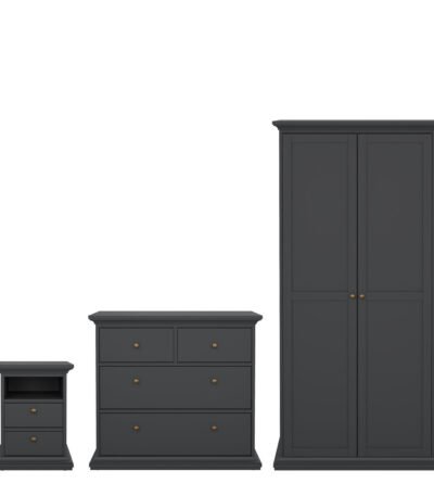 Paris Package - Bedside 2 Drawers + Chest of 4 Drawers + Wardrobe with 2 Doors Matt Grey