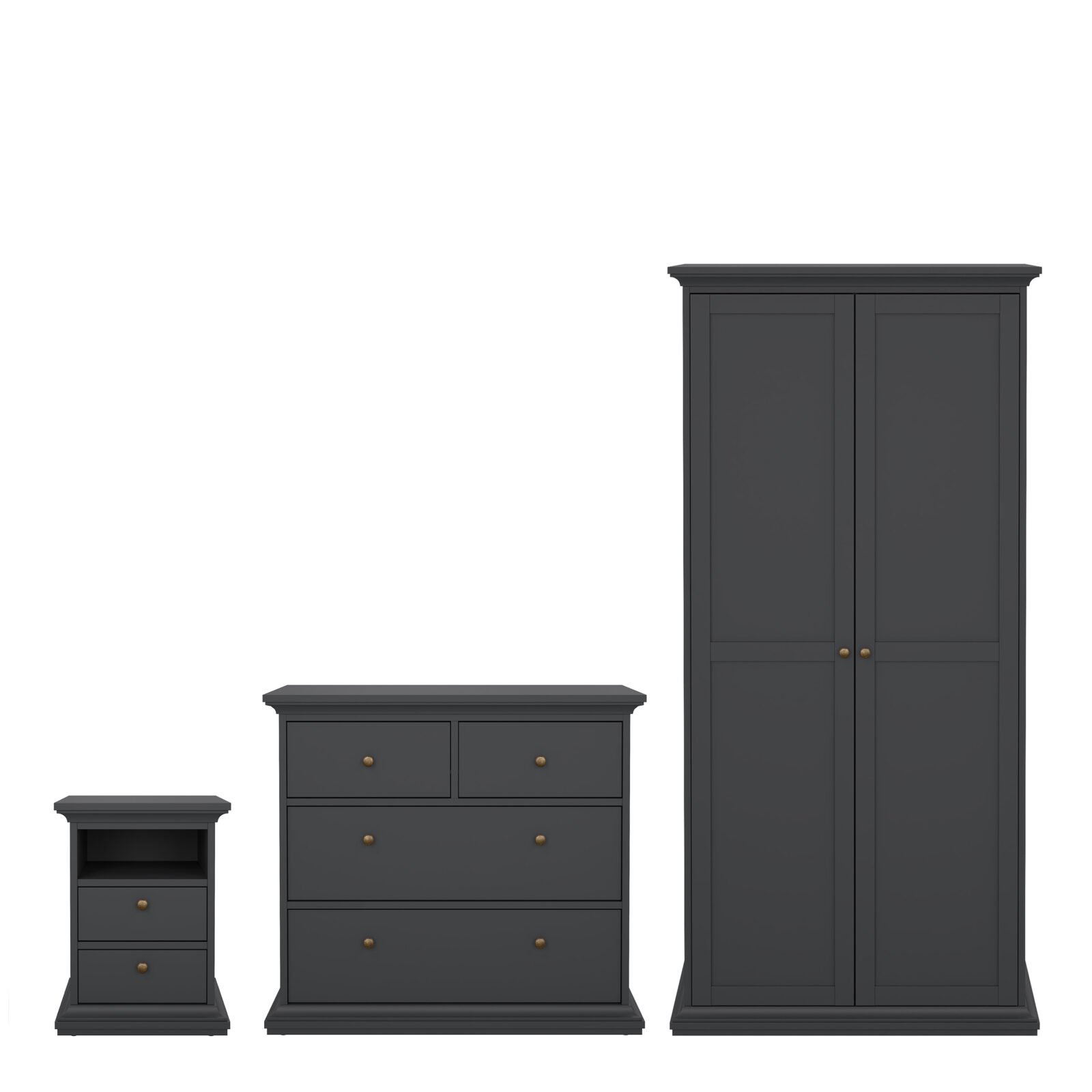 Paris Package - Bedside 2 Drawers + Chest of 4 Drawers + Wardrobe with 2 Doors Matt Grey Paris Package - Bedside 2 Drawers + Chest of 4 Drawers + Wardrobe with 2 Doors Matt Grey