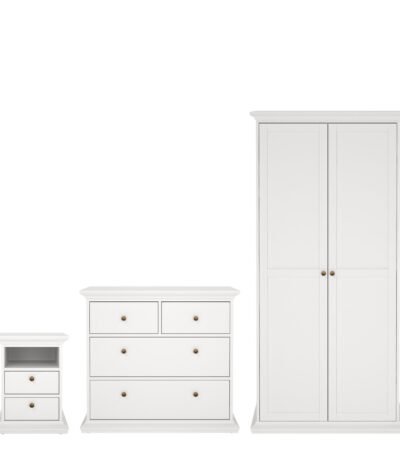 Paris Package - Bedside 2 Drawers + Chest of 4 Drawers + Wardrobe with 2 Doors White