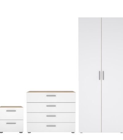 Pepe Package - Bedside 2 Drawers + Chest of 4 Drawers + Wardrobe with 2 Doors in Oak with White High Gloss
