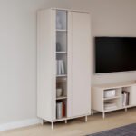 Playly Tall Storage Cabinet with Door and Concealed Open Shelving in Sand