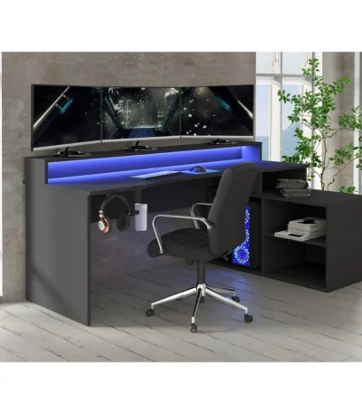 Power W L-Shaped Corner Gaming Desk with LED Lights