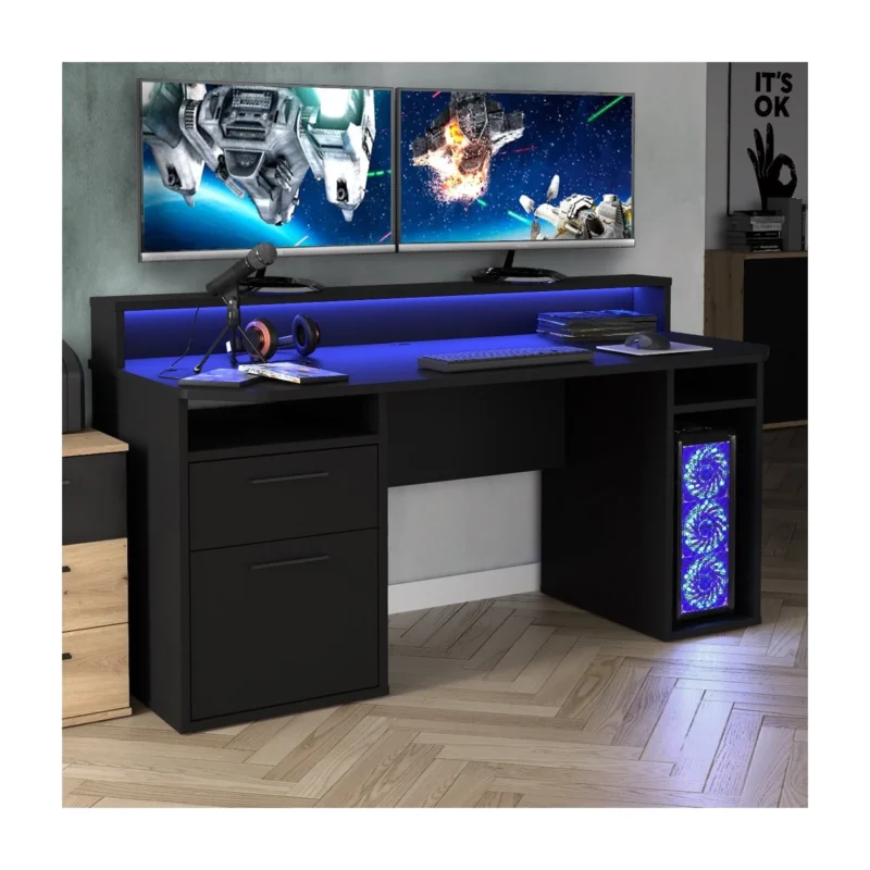 Power Z Computer Gaming Desk with LED Lights Black