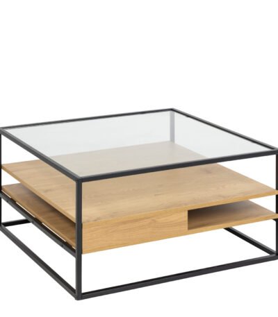 Randolf Square Coffee Table with 2 Shelves in Black and Oak