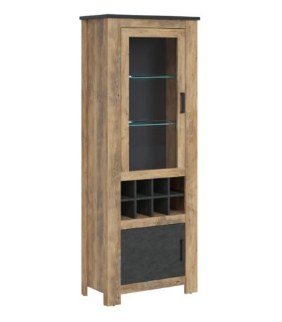 Rapallo 2 Door Display Cabinet with Wine Rack in Chestnut and Matera Grey
