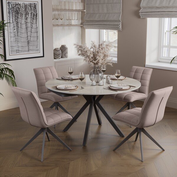 Round Ceramic Dining Table - Travertine Effect Round Ceramic Dining Table - Travertine Effect