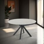 Round Ceramic Dining Table - Travertine Effect