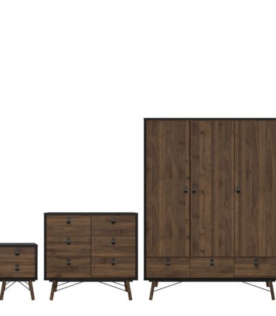 Ry Package - Wardrobe 3 Doors + 3 Drawers + Double chest 6 Drawers + Bedside Cabinet 2 Drawers in Matt Black Walnut