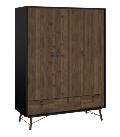 Ry Wardrobe 3 Doors 3 Drawers in Matt Black Walnut