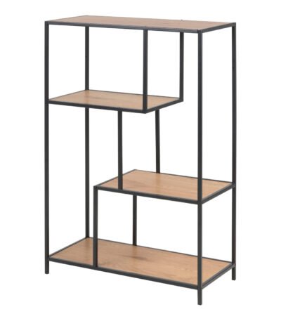 Seaford Black Metal Asymmetrical Bookcase with 3 Oak Shelves