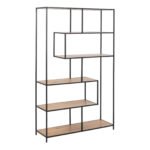 Seaford Black Metal Large Asymmetrical Bookcase with 5 Oak Shelves