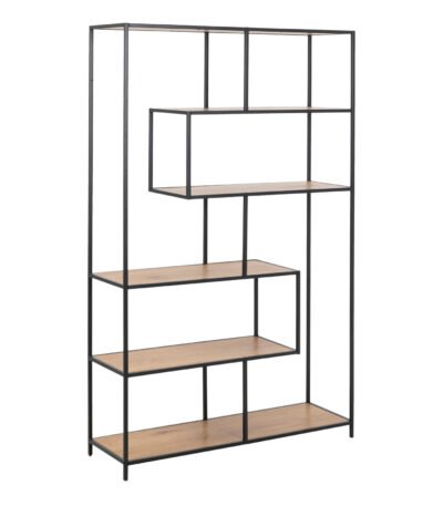 Seaford Black Metal Large Asymmetrical Bookcase with 5 Oak Shelves