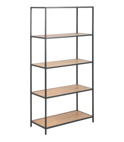 Seaford Tall Black Metal Bookcase with 4 Oak Shelves