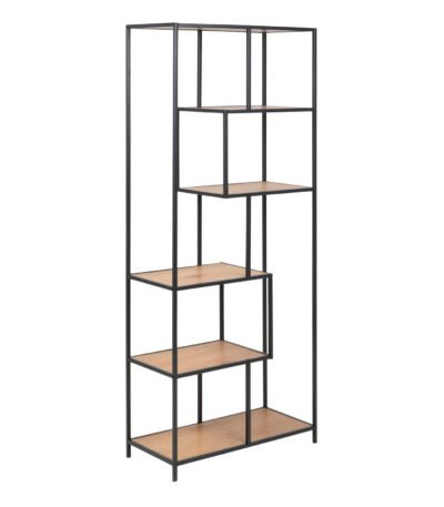 Seaford Tall Black Metal Bookcase with 5 Oak Shelves