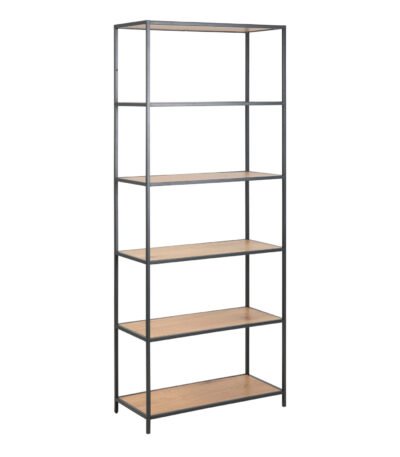 Seaford Tall Black Metal Bookcase with 5 Shelves in Oak