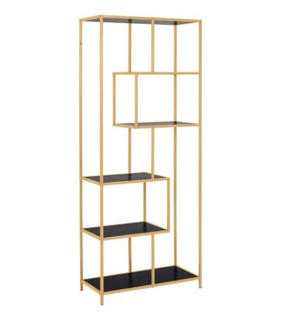 Seaford Tall Gold Metal Bookcase with 5 Black Shelves