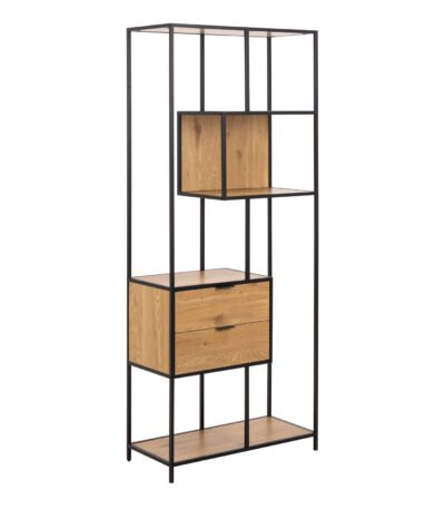 Seaford Tall Wild Oak Metal 2 Drawer Bookcase With 4 Shelves