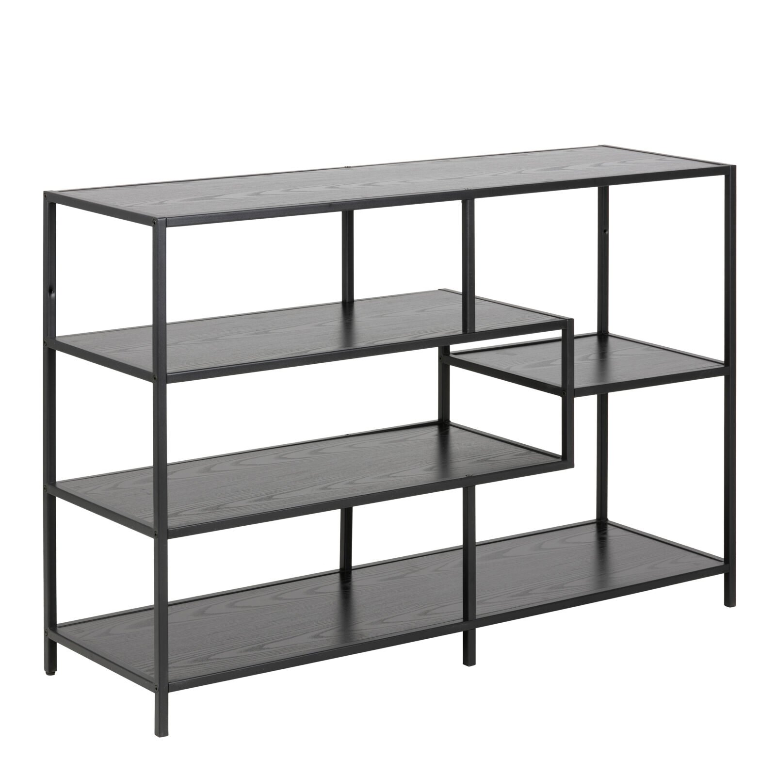 Seaford Wide Black Metal Bookcase with 4 Black Oak Shelves Seaford Wide Black Metal Bookcase with 4 Black Oak Shelves
