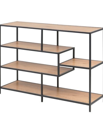 Seaford Wide Black Metal Bookcase with 4 Oak Shelves
