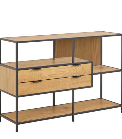 Seaford Wide Oak Metal Bookcase 2 Drawers and 3 Shelves in Matt Wild Oak