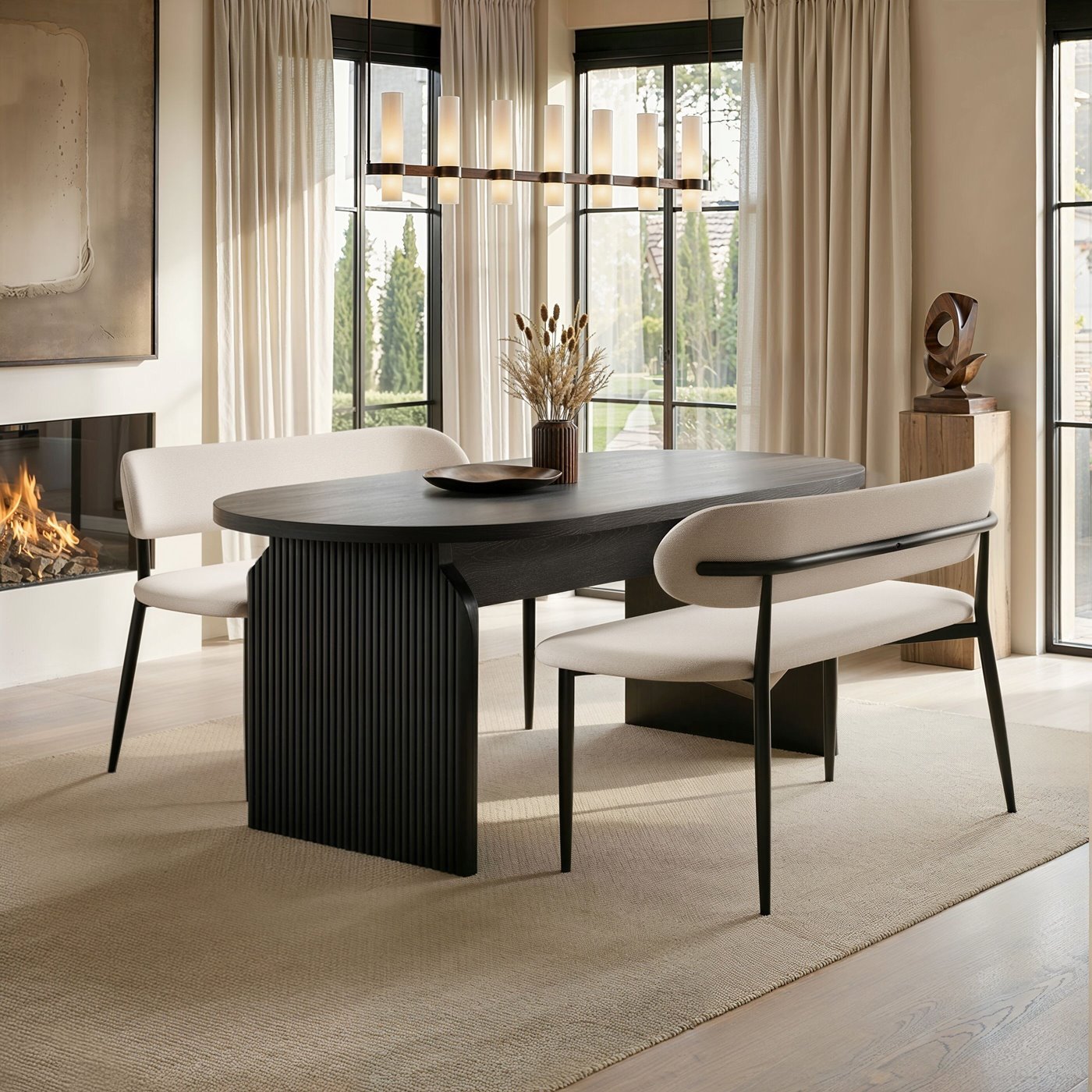 varm-and-cyra-dining-table-set-with-2-beige-chenille-benches-1 Varm & Cyra Dining Table Set with 2 Beige Chenille Benches - Image 1
