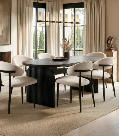 Varm & Cyra 4 to 8 Seater Extending Dining Table Set with Beige Chenille Chairs