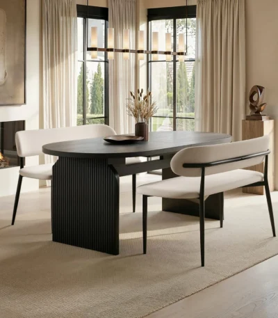 Varm & Cyra Black Extending Dining Table Set with 2 Beige Chenille Benches