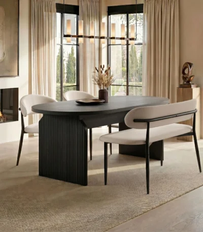 Varm & Cyra Dining Set with Table, Chenille Chairs & Bench