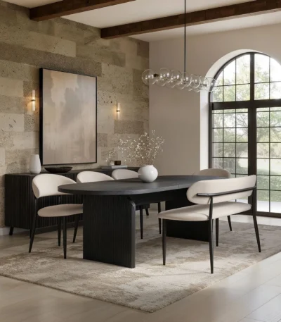 Varm & Cyra Extending Dining Set with Table, Chenille Chairs & Bench