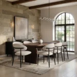 Varm & Cyra Walnut Dining Table Set with Beige Chenille Chairs
