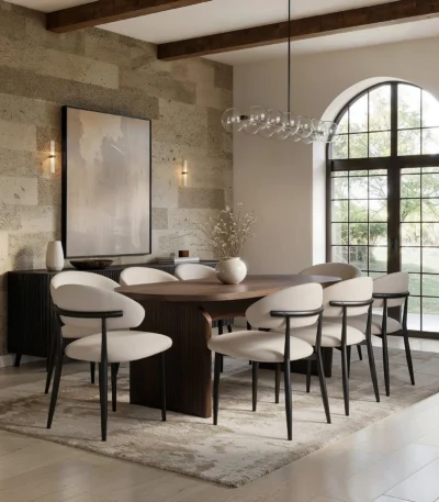 Varm & Cyra Walnut Dining Table Set with Beige Chenille Chairs
