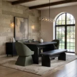 Varm Dining Set with Black Table, Bench & 4 Aiko Green Chairs