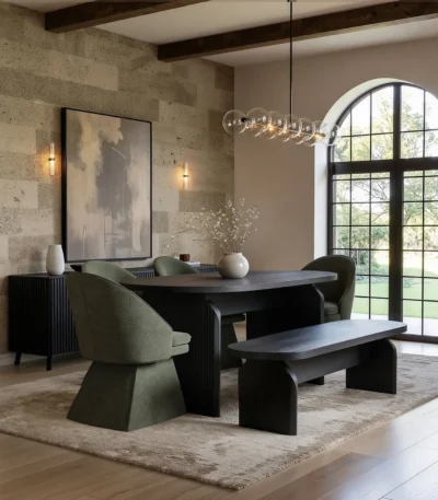 Varm Dining Set with Black Table, Bench & 4 Aiko Green Chairs