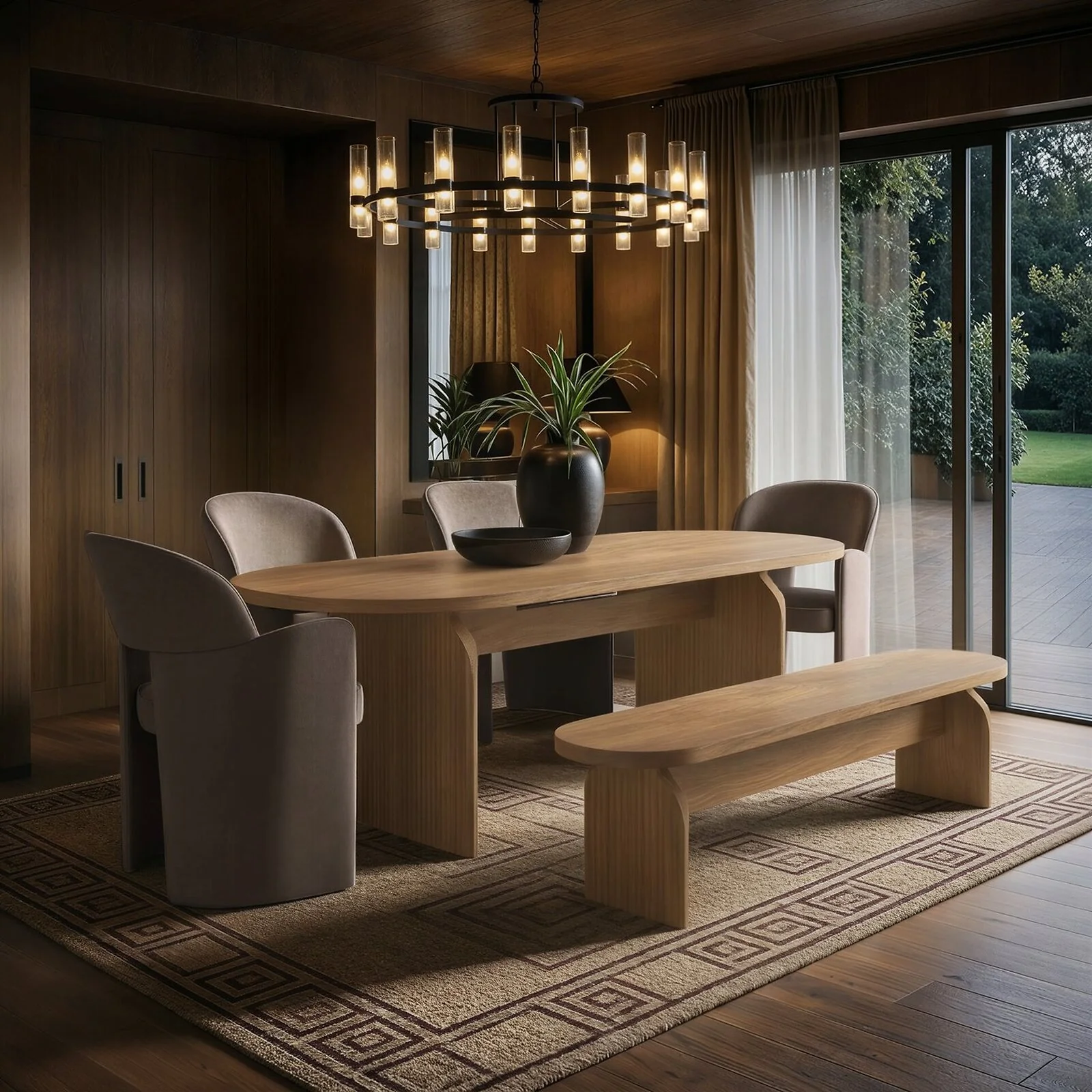 Varm & Estella Extendable Dining Table with Velvet Chairs & Bench Varm & Estella Extendable Dining Table with Velvet Chairs & Bench