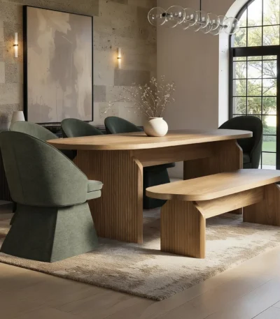 Varm Extendable Table with Bench & Aiko Green Chairs Dining Set