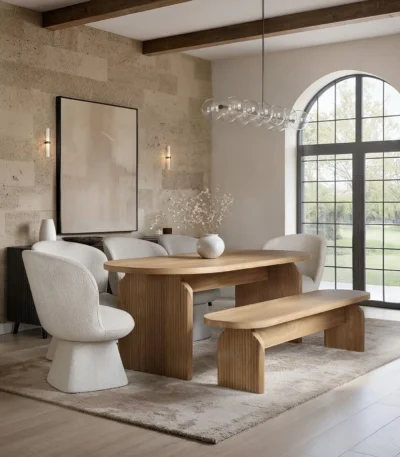 Varm Ribbed Dining Table with Bench & Aiko Chairs Set