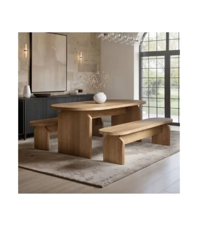 Varm Ribbed Oval Dining Table & 2 Bench Set