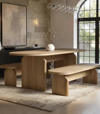 Varm Ribbed Oval Extendable Dining Table & 2 Bench Set