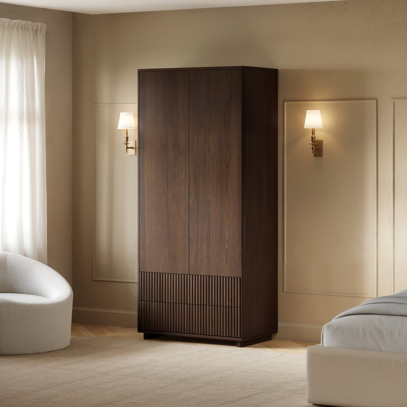 velmor-ribbed-double-wardrobe-with-drawers-walnut-1 Velmor Ribbed Double Wardrobe with Drawers Walnut - Image 1