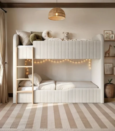 Venna Panelled Upholstered Bunk Bed with Wooden Ladder
