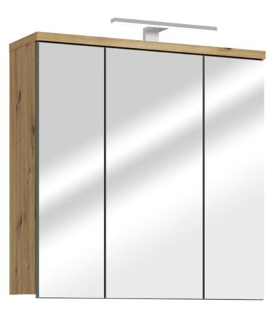 Veris 3 Door Mirrored Bathroom Cabinet with Integrated LED Lighting – Artisan Oak and Sage Green