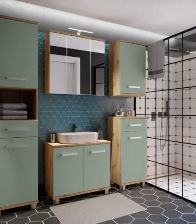 Veris 5 Piece Bathroom Set Artisan Oak & Sage Green Doors