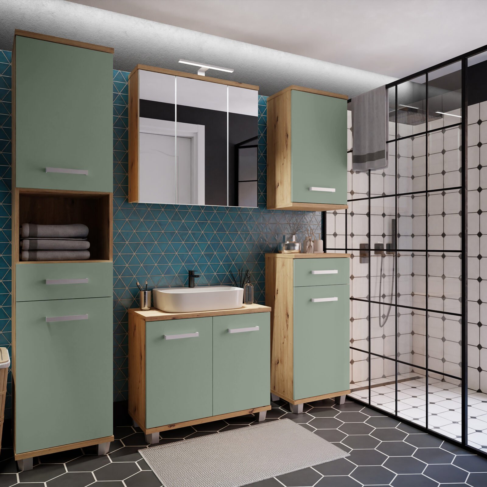 Veris 5 Piece Bathroom Set Artisan Oak & Sage Green Doors Veris 5 Piece Bathroom Set Artisan Oak & Sage Green Doors