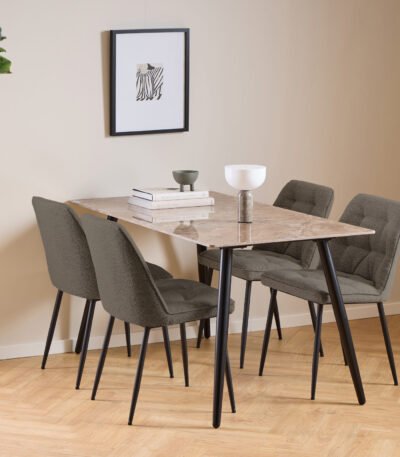 Wicklow Ceramic Dining Table Brown/Black 140x80cm includes 4 Brooke Dining Chairs in Taupe